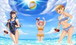  3girls :d ^_^ armpits arms_up asymmetrical_bangs ball bangs beachball bikini black_hair black_swimsuit blonde_hair blue_eyes blue_sky blush breasts character_request cleavage closed_eyes cloud collarbone competition_swimsuit day floating_hair flower front-tie_bikini front-tie_top god_eater groin hair_flower hair_ornament hair_ribbon highres lens_flare long_hair medium_breasts multiple_girls navel one-piece_swimsuit open_mouth outdoors pink_hair red_eyes red_flower red_ribbon ribbon shiny shiny_hair short_hair side-tie_bikini sky smile standing striped striped_bikini summer swimsuit thigh_gap twintails very_long_hair wading watanuki_kaname white_ribbon yellow_bikini 