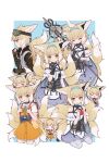  0_0 1girl :3 :d :o =_= alternate_costume animal_ears arknights backpack bag bare_shoulders black_collar black_gloves blonde_hair blue_background blue_dress border braid chibi chibi_on_head chinese_commentary closed_eyes collar commentary_request dress earpiece fingerless_gloves food fox_ears fox_girl fox_tail from_side fruit gloves goggles goggles_on_head green_eyes hair_tubes hairband headpat highres holding holding_food holding_fruit holding_staff id_card infection_monitor_(arknights) kitsune kyuubi looking_at_viewer lxjun_09 multicolored_hair multiple_tails multiple_views official_alternate_costume on_head open_mouth orange_dress orange_hairband oripathy_lesion_(arknights) pantyhose profile randoseru red_bag seiza short_hair simple_background sitting smile staff standing straight-on streaked_hair suzuran_(arknights) suzuran_(lostlands_flowering)_(arknights) tactical_clothes tail thighhighs too_much_fluff two-tone_dress vest white_border white_dress white_hair white_legwear 