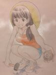  1girl ammonite bare_arms bare_legs fossil full_body grin hammer hat holding holding_hammer long_hair looking_at_viewer low_twintails original sekiguchi_taro shoes short_shorts shorts smile sneakers solo squatting sun_hat tank_top teeth traditional_media twintails 