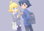  2boys akasaka_(qv92612) ash_ketchum backpack bag bangs black_hair blonde_hair bubble_tea clemont_(pokemon) closed_mouth collared_shirt commentary_request cup drinking_straw grey_background holding holding_cup hood hooded_jacket jacket long_sleeves looking_at_viewer looking_back male_focus multiple_boys pants pikachu poke_ball_print pokemon pokemon_(anime) pokemon_xy_(anime) purple_eyes shirt short_hair sweater white_shirt 
