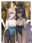  :d animal_ears asuna_(blue_archive) asymmetrical_docking bangs bare_shoulders black_hair black_hairband black_legwear black_leotard blue_archive blue_bow blue_bowtie blue_eyes blue_leotard blurry blurry_background blush border bow bowtie breast_press breasts brown_hair cleavage closed_mouth collarbone covered_navel dark-skinned_female dark_skin depth_of_field detached_collar elbow_gloves eyebrows_visible_through_hair fake_animal_ears fishnet_legwear fishnets gloves hair_over_one_eye hairband hand_up high_ponytail highres karin_(blue_archive) large_breasts leotard long_hair looking_at_viewer mole mole_on_breast open_mouth outside_border pantyhose playboy_bunny rabbit_ears skh smile straight_hair strapless strapless_leotard thighband_pantyhose very_long_hair white_border white_gloves white_hairband wrist_cuffs yellow_eyes 