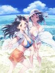  2girls :d absurdres beach bikini bikini_top bishojobunko black_hair blue_sky breasts brown_hair cleavage cloud collarbone commentary_request covered_nipples curved_horizon day hair_between_eyes hand_on_headwear hand_on_own_knee hat highres horizon jacket large_breasts long_hair looking_at_viewer multiple_girls nishieda ocean one-piece_swimsuit open_mouth orange_shirt original outdoors outstretched_arm pantylines shirt short_hair sideboob sky smile standing sun_hat swimsuit thighs white_bikini white_jacket white_swimsuit 