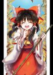  1girl :d ^_^ ascot autumn_leaves bangs bare_shoulders black_hair bow branch breasts broom closed_eyes collar collared_shirt commentary_request detached_sleeves eyebrows_visible_through_hair frilled_shirt_collar frills hair_between_eyes hair_ornament hair_tubes hakurei_reimu highres laughing leaf long_sleeves matsukuzu medium_breasts nontraditional_miko open_mouth priestess red_bow red_shirt red_skirt ribbon-trimmed_sleeves ribbon_trim shirt short_hair skirt smile solo touhou tree upper_body wide_sleeves yellow_ascot 