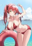  1girl absurdres bent_over bikini bird blue_sky breasts cleavage closed_mouth cloud earrings gold_trim hair_ribbon hand_up heart heart_earrings heterochromia highres hololive houshou_marine innertube jbell jewelry large_breasts long_hair navel ocean raised_eyebrows red_bikini red_eyes red_hair ribbon skindentation sky smile solo swimsuit twintails virtual_youtuber water wet wet_clothes wet_swimsuit yellow_eyes 
