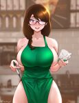  1girl absurdres apron bakemonogatari bare_shoulders blurry blurry_background blush braid breasts brown_hair bursting_breasts cafe coffee collarbone cup earrings english_text fraankyy glasses green_apron hanekawa_tsubasa highres holding holding_cup huge_breasts iced_latte_with_breast_milk_(meme) jewelry long_hair looking_at_viewer md5_mismatch meme monogatari_(series) naked_apron pen purple_eyes resolution_mismatch shoulders sideboob smile solo source_smaller standing starbucks thick_thighs thighhighs thighs twitter_username waitress wide_hips 