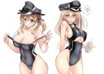  anchor_hair_ornament aqua_eyes bismarck_(kancolle) blonde_hair blue_eyes breasts cleavage clothes_pull competition_swimsuit covered_navel cowboy_shot cup goggles goggles_around_neck hair_ornament hat highleg highleg_swimsuit holding holding_cup kantai_collection kuga_zankurou large_breasts long_hair military_hat one-piece_swimsuit peaked_cap prinz_eugen_(kancolle) sideboob swimsuit swimsuit_pull twintails underboob white_background 