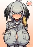  1girl absurdres bangs bird bird_wings black_hair blush breast_pocket breast_squeeze breasts button_gap cleavage closed_mouth coffeelove68 collared_shirt feathered_wings gradient gradient_background grey_hair grey_shirt grey_shorts hair_between_eyes head_wings highres kemono_friends large_breasts looking_at_viewer medium_hair motion_lines multicolored_hair necktie pocket shirt shoebill shoebill_(kemono_friends) shorts sidelocks silver_hair solo spoken_blush tsurime v_arms white_necktie wings yellow_background yellow_eyes 