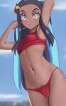  1girl :o aruman bare_arms bikini black_hair blue_eyes blue_eyeshadow blue_hair blurry blush breasts cloud commentary dark-skinned_female dark_skin day earrings eyelashes eyeshadow female_pubic_hair hoop_earrings jewelry long_hair looking_at_viewer makeup midriff multicolored_hair navel nessa_(pokemon) outdoors pokemon pokemon:_twilight_wings pubic_hair pubic_hair_peek red_bikini shiny shiny_skin sky solo swimsuit two-tone_hair 