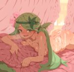  1girl after_sex breasts commentary cum cum_on_body dark-skinned_female dark_skin eyebrows_visible_through_hair eyes_visible_through_hair flower green_eyes green_hair green_hairband hair_flower hair_ornament hairband highres large_breasts light_areolae long_hair lying mallow_(pokemon) nude on_stomach open_mouth pillow pokemon pokemon_(game) pokemon_sm revision solo sweat tenako_(mugu77) twintails 