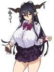  1girl antenna_hair bangs black_hair breasts contemporary danua draph dress_shirt granblue_fantasy hair_between_eyes highres horn_ornament horns houtengeki large_breasts long_hair looking_at_viewer pointy_ears red_eyes shirt skirt solo thighs 