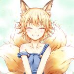  1girl ^_^ alternate_breast_size alternate_costume animal_ear_fluff animal_ears bangs bare_shoulders blue_dress blush body_blush breasts closed_eyes collarbone dress eyebrows_visible_through_hair fox_ears fox_tail green_background grin happy headwear_removed highres kitsune multiple_tails simple_background small_breasts smile solo symbol-only_commentary tail tamasan touhou upper_body v_arms yakumo_ran younger 