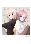  2girls back-to-back bangs black_sweater blonde_hair blue_eyes blush brown_skirt closed_mouth copyright_name grey_background grey_pants hands_on_own_knees highres long_hair long_sleeves looking_at_viewer multiple_girls new_game! official_art page_number pants parted_bangs purple_hair shiny shiny_hair short_hair skirt smile straight_hair sweater tokunou_shoutarou tooyama_rin very_long_hair white_sweater yagami_kou 