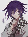  ... 1boy bangs blue_eyes buttons checkered checkered_neckwear checkered_scarf commentary_request danganronpa_(series) danganronpa_v3:_killing_harmony finger_to_own_chin grey_background grey_jacket grey_scarf hair_between_eyes jacket kitsunebi_v3kokonn long_sleeves looking_at_viewer male_focus ouma_kokichi purple_eyes purple_hair scarf simple_background solo spoken_ellipsis thinking upper_body 