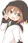  1girl :d animal_ears animal_hat ayanepuna bangs black_headwear black_shirt blush brown_eyes brown_hair commentary_request ear_piercing eyebrows_visible_through_hair fake_animal_ears from_side hair_between_eyes hand_up hat highres jacket long_sleeves looking_at_viewer looking_to_the_side mei_(ayanepuna) open_mouth original piercing shirt simple_background smile solo v white_background white_jacket 
