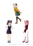  3girls :d animal_ears bear_ears black_dress black_hair black_legwear black_scrunchie blonde_hair blue_eyes blue_hairband blue_scrunchie brown_footwear brown_hairband cat_ears copyright_name dress fake_animal_ears green_hairband green_skirt hair_between_eyes hair_intakes hair_ornament hair_scrunchie hairband hands_on_hips highres long_hair long_sleeves looking_at_viewer miniskirt mochizuki_momiji multiple_girls narumi_tsubame new_game! official_art open_mouth overalls page_number pinafore_dress pink_hair plaid plaid_hairband plaid_skirt print_sweater rabbit_ears red_footwear red_sweater sakura_nene scrunchie shirt short_dress short_twintails side_ponytail skirt sleeveless sleeveless_dress smile standing sweater thighhighs tokunou_shoutarou twintails white_background white_overalls white_shirt yellow_eyes yellow_sweater zettai_ryouiki 