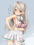  1girl akino_shuu blue_eyes blush breasts clothes_writing conte_di_cavour_(kancolle) cosplay cowboy_shot dress flying_sweatdrops grey_background kantai_collection libeccio_(kancolle) libeccio_(kancolle)_(cosplay) long_hair neckerchief open_mouth sailor_collar sailor_dress sideboob silver_hair sleeveless solo translation_request twitter_username two_side_up white_dress white_sailor_collar 
