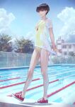  1girl bangs black_hair blue_background blue_sky blunt_bangs blurry blurry_background breasts brown_eyes cloud competition_swimsuit day fence full_body highres kaoming long_hair looking_at_viewer medium_breasts one-piece_swimsuit original outdoors pool poolside red_footwear school see-through shakujii_tsubasa shirt shoes short_sleeves sky sneakers solo swimsuit t-shirt tree very_long_hair walking wet wet_clothes wet_shirt whistle white_shirt yellow_swimsuit 