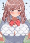  1girl blush bow bowtie breast_press breasts brown_eyes brown_hair button_gap buttons commentary_request fence kaisen_chuui large_breasts original red_bow red_bowtie school_uniform shirt short_hair solo translation_request upper_body white_shirt 