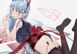  1girl absurdres animal_ears artist_name ass bangs black_legwear blue_hair blue_swimsuit blush chocolate choker closed_mouth crossed_bangs dated eyebrows_visible_through_hair fake_animal_ears food girls&#039;_frontline green_eyes hand_in_hair highres hk416_(girls&#039;_frontline) holding holding_chocolate holding_food long_hair looking_at_viewer lying no_shoes on_stomach red_choker red_ribbon ribbon school_swimsuit simple_background solo soranagi_(una123) swimsuit teardrop_facial_mark teardrop_tattoo thighhighs 