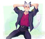  1boy alolan_meowth black_jacket commentary grey_hair hands_on_own_head hands_up jacket jewelry male_focus mature_male nanu_(pokemon) necklace neukgol open_clothes open_jacket pants pokemon pokemon_(game) pokemon_ears pokemon_sm pokemon_tail red_eyes red_shirt shirt short_hair short_sleeves smile solo tail 