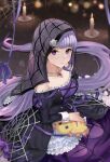  1girl absurdly_long_hair alternate_costume bare_shoulders black_dress breasts candle closed_mouth collarbone commentary dress eyebrows_visible_through_hair fire_emblem fire_emblem:_the_binding_blade fire_emblem_heroes frilled_dress frills hair_ornament halloween halloween_costume haru_(nakajou-28) highres jewelry juliet_sleeves lolita_fashion long_dress long_hair long_sleeves looking_at_viewer medium_breasts multicolored_clothes necklace official_alternate_costume puffy_sleeves purple_dress purple_eyes purple_hair see-through silk sitting solo sophia_(fire_emblem) spider_hair_ornament spider_web spider_web_print strapless strapless_dress stuffed_animal stuffed_spider stuffed_toy toy two-tone_dress veil very_long_hair 