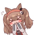  &gt;_&lt; &gt;w&lt; 1girl :3 angelina_(arknights) animal_ears arknights black_shirt blush_stickers brown_hair chibi chinese_commentary closed_eyes coat commentary_request earpiece eyebrows_visible_through_hair facing_viewer flying_sweatdrops fox_ears hairband hands_up long_hair lowres lxjun_09 open_clothes open_coat red_hair shirt simple_background solo striped striped_hairband twintails upper_body white_background white_coat 