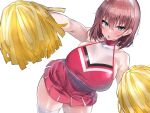  1girl absurdres bangs bare_shoulders blue_eyes blush breasts brown_hair cheerleader hairband highres holding holding_pom_poms large_breasts looking_at_viewer mitsudoue navel open_mouth original pom_pom_(cheerleading) red_shirt red_skirt shirt short_hair skindentation skirt sleeveless sleeveless_shirt solo thick_thighs thighhighs thighs white_legwear 