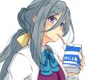  ahoge commentary_request dress_shirt drinking_straw grey_eyes grey_hair hair_between_eyes hair_bun halterneck highres holding_carton kantai_collection kiyoshimo_(kancolle) long_hair long_sleeves low_twintails milk_carton multicolored_hair one-hour_drawing_challenge school_uniform shirt simple_background twintails umegae_ousuke upper_body very_long_hair white_background white_shirt 