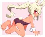  1girl animal_ear_fluff animal_ears ass bangs bare_legs bare_shoulders barefoot blonde_hair blunt_bangs blush child closed_mouth commentary_request eyebrows_visible_through_hair feet full_body heart heart-shaped_pupils highres leotard long_hair looking_at_viewer looking_back masurao_2_(sekaiju) naga_u pink_background ponytail profile purple_eyes purple_leotard rabbit_ears rabbit_girl rabbit_tail sekaiju_no_meikyuu sekaiju_no_meikyuu_5 short_eyebrows smile soles solo strapless strapless_leotard symbol-shaped_pupils tail thick_eyebrows toes two-tone_background very_long_hair white_background wrist_cuffs 