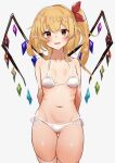  1girl absurdres arms_behind_back ass_visible_through_thighs bangs bikini blonde_hair blush breasts commentary cowboy_shot crystal eyebrows_visible_through_hair fang flandre_scarlet groin hair_between_eyes hair_ribbon highres kamukamu_23 looking_at_viewer medium_hair navel no_hat no_headwear one_side_up parted_lips pointy_ears red_eyes red_ribbon ribbon simple_background small_breasts smile solo swimsuit thighhighs touhou white_background white_bikini white_legwear wings 