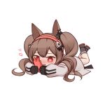  1girl angelina_(arknights) animal_ears arknights black_footwear black_gloves black_legwear blush brown_hair cellphone chibi chinese_commentary coat commentary_request fang fox_ears gloves hairband heart heart-shaped_pupils holding holding_phone legs_up long_hair lxjun_09 lying on_stomach open_mouth phone red_eyes red_hairband simple_background skin_fang smartphone socks solo striped striped_hairband symbol-shaped_pupils twintails white_background white_coat 
