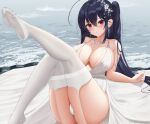  1girl ahoge azur_lane bangs black_hair blush breasts dress earrings garter_straps hair_between_eyes hair_ornament jewelry large_breasts leaning_back leg_up long_hair looking_at_viewer necklace no_shoes ocean official_alternate_costume panties pantyshot parted_lips plunging_neckline red_eyes side_ponytail sitting skindentation solo taihou_(azur_lane) taihou_(temptation_on_the_sea_breeze)_(azur_lane) thighhighs thighs togare underwear very_long_hair wedding_dress white_dress white_legwear white_panties 