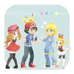  +_+ 2boys 2girls akasaka_(qv92612) ash_ketchum bangs bare_arms baseball_cap bike_shorts black_hair blonde_hair blue_eyes blue_jacket bonnie_(pokemon) bow bright_pupils brother_and_sister brown_eyes brown_shirt clemont_(pokemon) collared_shirt commentary_request dedenne fingerless_gloves glasses gloves grey_eyes hat hat_bow hat_ribbon index_finger_raised jacket jumpsuit multiple_boys multiple_girls on_head pants pigeon-toed pikachu pink_footwear pink_headwear pleated_skirt poke_ball_symbol pokemon pokemon_(anime) pokemon_(creature) pokemon_on_head pokemon_xy_(anime) red_footwear red_headwear red_skirt ribbon serena_(pokemon) shirt shoes short_sleeves siblings skirt sleeveless sleeveless_shirt standing thighhighs white_pupils white_skirt 
