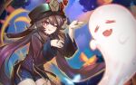  1girl :d ;q bangs bent_over black_hair black_shorts blurry bug butterfly chinese_clothes cloud cloudy_sky depth_of_field eyebrows_visible_through_hair flower genshin_impact ghost ghost_pose hair_between_eyes hat hat_flower hat_ornament hu_tao_(genshin_impact) jewelry kaizeru long_hair long_sleeves looking_at_viewer night night_sky one_eye_closed open_mouth red_eyes ring short_shorts shorts sidelocks sky smile symbol-shaped_pupils tongue tongue_out twintails wide_sleeves 