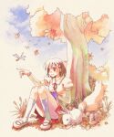  1girl azpainter_(medium) bangs blush brown_eyes brown_hair bug bunny commentary_request dog dragonfly falling_leaves full_body hair_ornament hairpin highres juliet_sleeves leaf long_sleeves looking_to_the_side nature open_mouth original puffy_sleeves purple_legwear red_skirt sakakura_(sariri) shirt shoes short_hair sitting skirt smile socks solo squirrel tree white_footwear white_shirt 