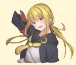  1girl armband beige_background black_jacket blonde_hair crescent crescent_pin cropped_arms highres jacket kantai_collection knt02142769 long_hair looking_at_viewer low_twintails neckerchief remodel_(kantai_collection) satsuki_(kancolle) simple_background smile solo twintails upper_body yellow_eyes yellow_neckerchief 