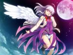  1girl ass_visible_through_thighs black_bow black_footwear boots bow bow_panties braid brown_footwear chima_q cloud cloudy_sky commentary crown_braid feathered_wings floating full_moon hand_on_own_face highres jacket kishin_sagume long_hair long_sleeves looking_at_viewer moon night night_sky panties purple_eyes purple_shirt purple_skirt shirt single_wing skirt sky solo thigh_gap thighs touhou underwear white_hair white_jacket white_panties white_wings wings 