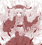  1girl angry aura bangs breasts chinese_clothes commentary_request energy eyebrows_visible_through_hair fox_print fox_tail full_body highres junko_(touhou) long_hair looking_at_viewer lower_teeth monochrome multiple_tails neckwear_request open_mouth phoenix_crown ribbon-trimmed_sleeves ribbon_trim sash simple_background slit_pupils solo standing tabard tail tamasan tassel teeth touhou v-shaped_eyebrows white_background wide_sleeves 