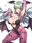  1girl absurdres armpits black_leotard blush breasts bridal_gauntlets cleavage covered_navel covered_nipples cowboy_shot curvy dated demon_girl green_eyes green_hair head_wings highleg highleg_leotard highres jinlin large_breasts leotard looking_at_viewer md5_mismatch morrigan_aensland muscular muscular_female pantyhose pink_legwear pointy_ears simple_background solo tongue tongue_out tsurime vampire_(game) white_background wings 