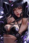  1girl 2020 animal_ears armpits bangs black_gloves black_hair blake_belladonna breasts cat_ears cleavage elbow_gloves gloves long_hair looking_at_viewer medium_breasts olchas orange_eyes parted_lips red_lips rwby signature solo upper_body very_long_hair 