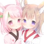  2girls :o animal_ear_fluff animal_ears bangs blush brown_hair commentary_request eyebrows_visible_through_hair facial_mark fox_ears hand_up headband japanese_clothes kimono long_hair looking_at_viewer multiple_girls original parted_lips pink_hair pink_kimono purple_eyes rabbit_ears rin_(fuwarin) simple_background sleeves_past_fingers sleeves_past_wrists upper_body whisker_markings white_background white_kimono 