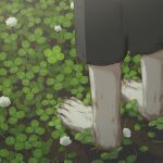  1other absurdres ambiguous_gender avogado6 barefoot clover commentary dirty dirty_feet feet feet_only four-leaf_clover from_behind grey_shorts head_out_of_frame highres original shorts solo toes 