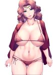  1girl areola_slip areolae arms_at_sides ass_visible_through_thighs bikini bikini_under_clothes blue_eyes blue_hair breasts circlet collarbone commentary_request cornelia_arnim cowboy_shot curly_hair curvy fire_emblem fire_emblem:_three_houses grey_background harihisa highres large_breasts micro_bikini navel open_clothes open_shirt parted_lips red_bikini red_hair simple_background solo standing string_bikini swimsuit thigh_gap thighs 