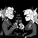  2girls black_background black_horns breasts closed_eyes collared_shirt cup demon_girl demon_horns drinking_glass english_commentary english_text fingerless_gloves food formal gloves greyscale headpiece helltaker holding holding_cup horns justice_(helltaker) lucifer_(helltaker) mole mole_under_eye monochrome multiple_girls necktie pie pie_slice plate shirt smile suit sunglasses vanripper white_hair white_horns 