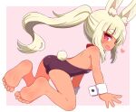  1girl :d animal_ear_fluff animal_ears ass bangs bare_legs bare_shoulders barefoot blonde_hair blunt_bangs blush commentary_request eyebrows_visible_through_hair fang full_body heart heart-shaped_pupils highres leotard long_hair looking_at_viewer looking_back masurao_2_(sekaiju) naga_u open_mouth pink_background ponytail profile purple_eyes purple_leotard rabbit_ears rabbit_girl rabbit_tail sekaiju_no_meikyuu sekaiju_no_meikyuu_5 short_eyebrows smile soles solo strapless strapless_leotard symbol-shaped_pupils tail thick_eyebrows two-tone_background very_long_hair white_background wrist_cuffs 