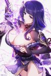  1girl arm_guards baisi_shaonian bangs blunt_bangs breasts bridal_gauntlets cleavage drawing_sword electricity genshin_impact highres holding holding_sword holding_weapon human_scabbard japanese_clothes kimono large_breasts mitsudomoe_(shape) mole mole_under_eye neck_ribbon obi parted_lips purple_eyes purple_hair purple_kimono raiden_shogun ribbon sash solo sword sword_out_of_chest tomoe_(symbol) vision_(genshin_impact) weapon wide_sleeves 