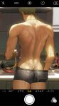 1boy apron ass back bare_back boxer_briefs cooking cracking_egg earrings egg frying_pan green_hair grey_male_underwear hand_on_own_ass holding holding_egg indoors jewelry kitchen male_focus male_underwear male_underwear_pull one_piece roronoa_zoro runa_(artist) short_hair solo stove thick_thighs thighs toned toned_male underwear 