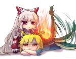  2girls bangs blonde_hair blue_shirt bow clenched_teeth commentary_request crossed_arms dragon_horns dragon_tail eyebrows_visible_through_hair fire fujiwara_no_mokou green_skirt hair_between_eyes hair_bow hand_on_own_knee horns index_finger_raised kicchou_yachie long_hair long_sleeves lying motion_lines multiple_girls ofuda ofuda_on_clothes on_stomach one-hour_drawing_challenge orange_eyes pants red_bow red_eyes red_pants shirt shoes short_hair short_sleeves simple_background skirt squatting suspenders sweatdrop tail tail_wagging teeth touhou triangle_mouth turtle_shell unime_seaflower white_background white_hair white_shirt 