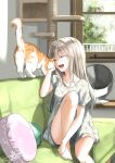  1girl :d bare_legs barefoot cat cat_tower closed_eyes collarbone commentary_request couch day dress grey_dress highres indoors knee_up long_hair on_couch open_mouth original petting pillow short_hair signature silver_hair sitting smile solo soragane_(banisinngurei) window 