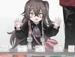  1girl against_glass ascot bangs black_coat blurry blurry_foreground blush_stickers child coat collared_coat commentary_request crossed_bangs drooling girls&#039;_frontline hair_between_eyes hand_on_glass highres jabot korean_commentary long_hair long_sleeves looking_down min-tami one_side_up open_mouth pink_bag purple_ascot scar scar_across_eye sidelocks solo_focus twitter_username ump45_(girls&#039;_frontline) white_background yellow_eyes 